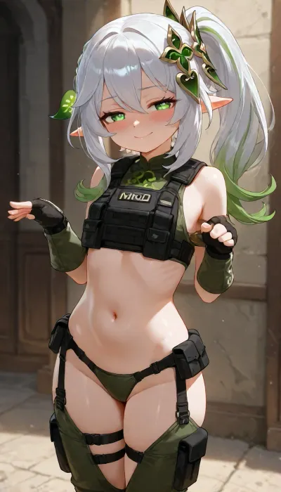 1girl, petite build, nahida from genshin impact, anime style, detailed shading, focus on face, smug face, blushing, smile, skimpy soldier outfit, bare stomach, bulletproof vest, ((standing, proud pose))