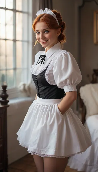 pretty young 21 years old white caucasian girl, rear view, looks back, solo, doggystyle, small body, big ass, redhead, (garters for stockings:1.4), ((high bun:1.3)), (smile:1.8), (maid uniform:1.9), ready to sex, shirt is open, jacket, skirt, (little shy:1.1), pussy, clothed, stockings, wide opened eyes, <lora:MJ52:.8>, <lora:Detailed_female_hands-000001:1.8>, <lora:()Ashlynn Spektre XL:.8>