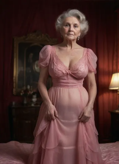 (((1 woman, solo, portrait))), professional hardcore porn photography, standing posing, in an extremely romantic bedroom, nearby a marital double bed, exotic beige bedding, (night:1.9), (chiaroscuro:1.9), (((only backlight:1.9))), ultra detailed, ultra realistic, extremely detailed background, (((housewife:1.9))), (((extremely aged extremely elderly ancient 80 year old native grandma:1.9))), extremely feminine, large breasts, busty, curvy, slim, (((very short messy ultra-curly golden-copper colored hair))), extremely limp saggy wrinkled tits, (((victorian gown style skin-tight knee-length pink ultra-sheer hyper-ultra-transcluent hyper-see-through breezy wavy A-line hoopdress:1.9))), stiletto high heels, Photorealistic rendering with authentic elderly skin pores and fine facial detail, realistic hair strands, natural textures and reflections, detailed architectural and textile surfaces, physically realistic, realistic chiaroscuro. No artificial beauty filter or plastic appearance. 4K, UHD, upscale, photorealistic, highly detailed, (artificially upscaled, optimized picture:1.9), (((heavy massive aging:1.9))), post-process optimalization and correcting anatomical anomalies, (((seduction:1.9)))