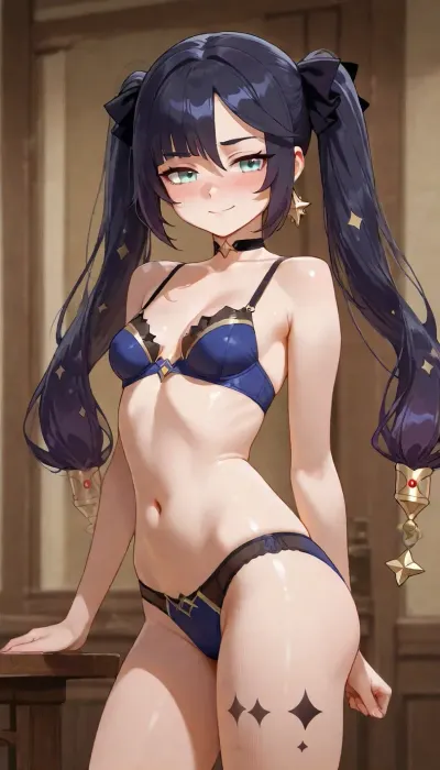 1girl, petite build, mona from genshin impact, anime style, detailed shading, focus on face, smug face, blushing, smile, underwear, ((standing, proud pose))