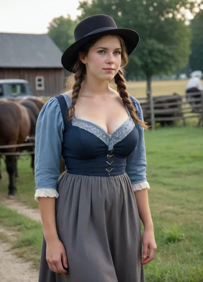 Half-naked Amish busty woman, traditional amish dress, hairy pussy, outdoor, hyperrealistic