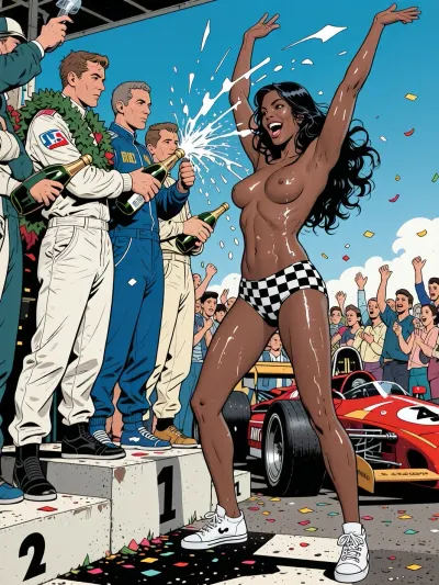 Jean Graton art style, 1960s Franco-Belgian bande dessinée illustration, Michel Vaillant comic book style. Depicting a scene at the winner's celebration after the French Grand Prix at Paul Ricard during the 1969 season. The jubilant winners, all dressed in racing overalls, stand on the podium shaking magnum bottles of champagne and spray the champagne all over a ultra black skin grid girl who stands at the bottom of the podium, long dark wavy hair, laughing, raising her hands high in the air, black and white checkered hot pants, white canvas shoes. She is wearing no shirt, medium tits, wet body, wet hair. There are many cheering fans around and confetti is in the air. A race car is parked nearby. Winner is wearing a wreath over his shoulders.

Precise clean lines, clear line art, flat colors with subtle vintage halftone shading. Dynamic motion blurs and classic speed lines on a vintage Formula 1 race car. Cinematic angle, sharp focus, authentic mid-century European comic aesthetic, masterpiece, highly detailed.
