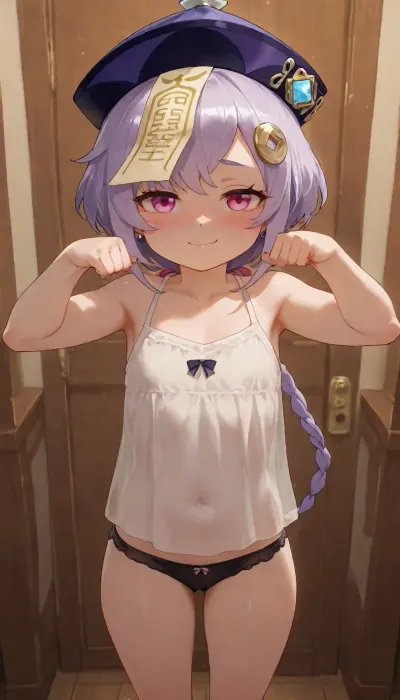1girl, petite build, qiqi from genshin impact, anime style, detailed shading, focus on face, smug face, blushing, smile, underwear, ((standing, proud pose))