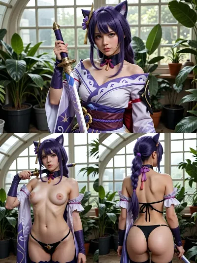 masterpiece, best quality, ultra-detailed, little youthful girl, solitary, caucasian face, cosplay, Keqing with Genshin Impact, long purple hair, cat-ear hair buns, twin tails, holding sword, triple image collage, on the top image wearing an elaborate fantasy-inspired purple and white outfit, nude upper body shot on down left, nude back view on down right, wearing black strappy lingerie, micro bikini, string thong, purple choker, tassel accessories, flower hair accessory, indoor greenhouse, lush green potted plants background, grid windows, natural light, photorealistic, 8k resolution