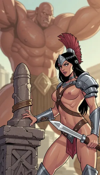 western-comic style, drawing, cartoon, A very hyper-muscular amazonian warrior-sister of battle, touches one ancient stone-phallus a stone penis-statue, and her bodyshape grows hypermuscular, and titanic in size, (soft focus, blurred backgroud:1)