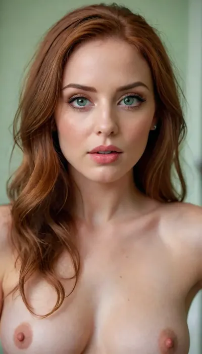 intimate sultry snapshot of an naughty woman in a luxurious bathroom with elegant minimalist modern decor, she has soft oval lips with pillowy creases, long soft red hair, huge oversized down-turned hazel-green eyes that are slightly wide-set, she has a long oval face with with a sensual expression on her face, she poses enticingly as she lithely reaches up with both hands to tie back her hair, green, eyes, blue, brown, perfecteyes, <lora:PerfectEyesXL:.8>