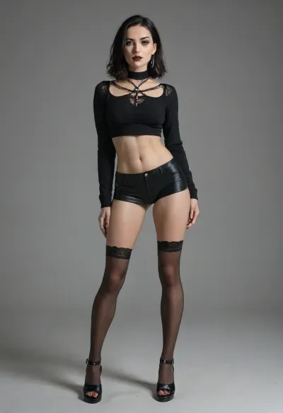 slim sexyg goth woman, mature 40 yeas old. showing her big pawg bottom, wearing thigh high stilleto hear, full body image