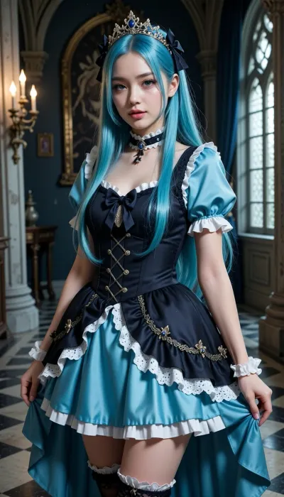 Gorgeous 18 year old Korean goth princess, girl, slender body, cute, innocent facial features, pale porcelain skin, very large innocent bright eyes, very long knee length thick glossy neon blue hair, wearing a victorian princess dress, choker, heavy makeup, standing, posing sensuality in the halls of a gothic castle