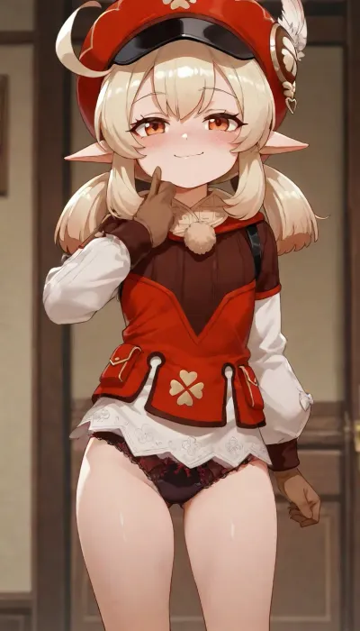 1girl, petite build, klee from genshin impact, anime style, detailed shading, focus on face, smug face, blushing, smile, underwear, ((standing, proud pose))