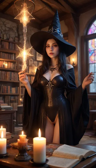 Extremely high-quality, highly detailed, cinematic, 8K, HD photo, MASTERPIECE. young witch, pale white skin, naked, standing floating in the air, black wizard hat, black wizard robe, over a pentagram, flying, very long black hair, medium firm breasts, shaved vagina, casting spells, vivid and bright colors, magic lights flying in the air, cave, spiders, candles everywhere, books, shining pentagram, spell with vaginal juice, photographic quality, w1+ch., detailxl, <lora:Chubby BBW - XL:1.2>, <lora:detailed_notrigger:1.4>, Rainbowiridal, Spiral, rainbowiridal, eyes, palette, Shiny..., Bright..., Intense, gaze, Fire, dragon, Amber, cat, Anthro..., woman, Genetically, modified..., <lora:Stunning_eyes_2:.8>