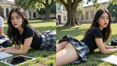 masterpiece, best quality, photorealistic candid smartphone photograph, Split, side-by-side diptych, two consecutive moments of the same east asian girl lying prone on her stomach on a sunny university campus lawn, upper body slightly raised and supported by her forearms, legs extended behind her and slightly bent, natural relaxed posture, long dark brown hair with subtle highlights, wispy bangs, thin-framed glasses, fitted black short-sleeve top, short gray plaid pleated skirt, silver necklace, tablet and notebook on the grass in front of her, another student sitting nearby, green lawn, mature trees, university buildings in the background, warm afternoon sunlight, realistic skin texture, natural body proportions, authentic fabric physics, candid photography, low ground-level side view

LEFT PANEL, side view the girl remains lying prone on her stomach, supporting her upper body with her forearms, one hand holding the hem of her plaid skirt down against a gentle breeze, skirt naturally covering her hips and upper thighs, casual expression, realistic fabric folds.

RIGHT PANEL, side view the same girl in exactly the same lying prone on her stomach position, a sudden gust of wind lifts and flares her pleated plaid skirt upward, exposed ass, dynamic natural fabric movement, surprised candid reaction, opaque underwear remains visible, realistic wind direction and fabric motion, same camera position and framing as the left panel.