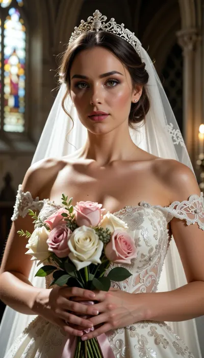 Shot with a high-end Leica Noctilux-M 85mm f/1.2 prime lens at wide-open aperture, hyperrealistic waist-up medium portrait capturing the bride from head down to her waistline, raw camera fidelity, unretouched natural skin texture displaying fine pores, subtle skin grain, soft vellus hairs, and delicate natural flush, ultra-fine film grain, dramatic romantic lighting, masterwork composition, 8K resolution.

A breathtakingly beautiful bride on her wedding day, framed in a romantic waist-up shot inside the sacred, serene atmosphere of a medieval Gothic cathedral. Her face, bodice, and hands are illuminated by a radiant beam of soft, cinematic morning sunlight filtering through ancient stained glass windows, casting ethereal, whisper-soft rose, gold, and amber highlights across her features and creating a deeply atmospheric aura.

Her facial anatomy and features are captured with flawless clarity, a perfectly balanced symmetrical oval face, high softly sculpted cheekbones touched by a gentle peach blush, luminous dew-kissed skin texture, and large almond-shaped hazel eyes framed by dark fluttery eyelashes. Her eyelids feature iridescent pearl eyeshadow with a satin finish, leading down to a fine straight nose and full, supple lips with dusty-pink satin lipstick emphasizing her delicate cupid's bow.

Her hair is styled into a soft, sophisticated low chignon with loose waves kissing her jawline. She wears a magnificent white gold tiara intricately wrought with filigree scrollwork and encrusted with brilliant-cut micro-diamonds and pearls, with a sheer Chantilly lace cathedral veil flowing gracefully over her shoulders like mist.

Crucial composition element, at waist height, her elegantly manicured hands with natural nude-pink polished nails tenderly cradle a lavish, hand-tied artisanal bouquet overflowing with blooming white peonies, soft dusty-pink garden roses with folded petals, fragrant lavender sprigs, and muted eucalyptus leaves, bound with a trailing raw silk ribbon with slightly frayed edges.

Her high-fashion wedding gown is an extraordinary triumph of haute couture craftsmanship. The illusion tulle neckline and form-fitting bodice are lavishly hand-embroidered with shimmering silver threads, creating intricate baroque motifs and botanical vines. Deeply embedded within the lace structure are hundreds of hand-sewn Swarovski crystals, clear sapphires, and seed pearls that sparkle intensely as they catch the light.

The background dissolves into a smooth, creamy bokeh showing the majestic carved stone pillars of the cathedral, glowing candlelight from flickering votive candles, and towering vaulted arches. Perfect color grading, high-contrast chiaroscuro, uncompromised raw photograph fidelity.