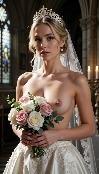 Shot with a high-end Leica Noctilux-M 85mm f/1.2 prime lens at wide-open aperture, hyperrealistic waist-up medium fine-art portrait capturing the bride from head down to her waistline, raw camera fidelity, unretouched natural skin texture displaying fine pores, subtle skin grain, soft vellus hairs, and delicate natural flush, dramatic romantic chiaroscuro lighting, masterwork composition, 8K resolution.

A breathtakingly beautiful blond hair bride on her wedding day, framed in a romantic waist-up fine-art nude portrait inside the sacred, serene atmosphere of a medieval Gothic cathedral. Her face, completely bare chest, exposed torso, and hands are illuminated by a radiant beam of soft, cinematic morning sunlight filtering through ancient stained glass windows.

Her facial anatomy and features are captured with flawless clarity, a perfectly balanced symmetrical oval face, high softly sculpted cheekbones touched by a gentle peach blush, luminous dew-kissed skin texture, and large almond-shaped hazel eyes framed by dark fluttery eyelashes. Her eyelids feature iridescent pearl eyeshadow with a satin finish, leading down to a fine straight nose and full, supple lips with dusty-pink satin lipstick emphasizing her delicate cupid's bow.

Her hair is styled into a soft, sophisticated low chignon with loose waves kissing her jawline. She wears a magnificent white gold tiara intricately wrought with filigree scrollwork and encrusted with brilliant-cut micro-diamonds and pearls, with a sheer Chantilly lace cathedral veil draped gracefully behind her back.

Fine-art composition and posing, she is completely topless on her upper body, wearing an opulent high-waisted haute couture bridal skirt crafted from rich ivory silk organza and embellished with delicate lace appliqués. She holds a lavish, hand-tied artisanal bouquet of white peonies, dusty-pink garden roses, and eucalyptus tilted gracefully across her chest, strategically concealing one breast with the lush floral petals while leaving her bare torso, collarbones, and the other natural breast completely exposed in elegant chiaroscuro shadows.

The background dissolves into a smooth, creamy bokeh showing the majestic carved stone pillars of the cathedral, glowing candlelight from flickering votive candles, and towering vaulted arches. Perfect color grading, high-contrast chiaroscuro, uncompromised raw photograph fidelity.