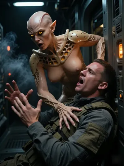 A photorealistic, cinematic scene inside a half-destroyed spaceship that has arrived from another galaxy. In a cramped metal corridor with emergency lighting and billowing steam, an energy vampire from another galaxy attacks a member of the Earthling research team.
The alien is a bald humanoid woman with prominent veins on her bald head, pointed ears, glowing bright-yellow eyes, and an aggressively open mouth. Her skin is glossy and damp, She wears a biomechanical suit with lattice-like structures and glowing orange implants, leaving her chest exposed. She looms over the man, her long-fingered hand with glossy skin rests firmly on his chest armor plate, sucking out his life energy.
The Earthling—a young man in an olive-green tactical uniform with an armored chest plate—lies on the floor, his head thrown back, his mouth wide open in a scream of pain, his expression one of shock and horror at the unexpected attack. Atmosphere, cold metal panels, flashing orange and white emergency lights, wisps of steam, dramatic three-dimensional lighting, strong contrast, a sense of danger and horror. Ultra-detailed rendering of skin, metal, the structures of the alien’s biomechanical armor, and facial expressions. Cinematic angle, tense dynamics, sci-fi horror, masterful quality.
