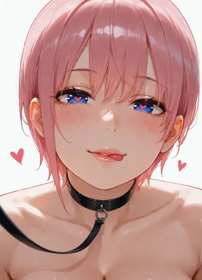 Sexy female, solo, (Nakano_Ichika from go-toubun_no_hanayome, short pink hair), mature supermodel with pointy high-nose, smooth skin, (big detailed eyes, heart shaped pupils), (small mouth, plump lips, licking her lips, sensual), face portrait, soft smile, kissing lips, blush, (cleavage), (black choker, detailed black leash), simple white background