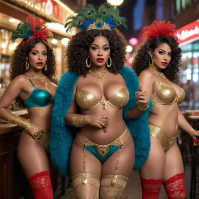 A nighttime scene at a bustling street café. The atmosphere is carnival-like, five cheerful dark-skinned women in carnival costumes adorned with numerous large, fluffy peacock feathers fully expose their incredibly realistic, They have very long, lushly curled, highly glossy hair in black, blue, green, and red. They feature wide hips, large firm breasts, giant areolas, bright red plump lips, massive gold hoop earrings, a massive gold chain hanging down to the navel, massive bracelets, a very wide gold garter belt, gold lace stockings, and long gold lace gloves.