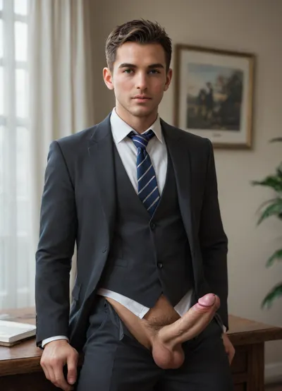 A man in a suit lets his penis hang out of his pants., <lora:Dramatic_penis_SDXL:.8>
