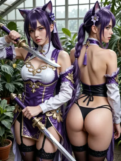 masterpiece, best quality, ultra-detailed, 1girl, solitary, caucasian face, cosplay, Keqing, long purple hair, cat-ear hair buns, twin tails, holding sword, triple image collage, wearing an elaborate fantasy-inspired purple and white outfit, fitted sleeveless purple bodice with gold ornamental details on top, upper body shot on down left, back view on down right, wearing black strappy lingerie, micro bikini, string thong, purple choker, tassel accessories, flower hair accessory, indoor greenhouse, lush green potted plants background, grid windows, natural light, photorealistic, 8k resolution