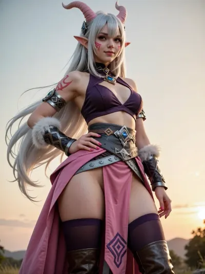 masterpiece, best quality, ultra-detailed, 1girl, solitary, Lisa Alpacas, adult ogre woman, pale pink skin, long straight silver-white hair reaching below the waist, thick straight bangs covering the forehead, blunt bangs, pointy ears, two long slender pale pink horns rising from the top of the head, dark red eyes, confident smile, red tribal markings on cheeks and shoulders, dark purple halter top outfit with gem, metal collar, armbands, fur-lined wrist gauntlets, wide grey metal belt, long pink open skirt coat, dark violet thigh-high stockings, brown leather boots, full body shot, cute standing pose, hand on hip, warm golden hour backlighting, fantasy character design, detailed costume construction, layered fabrics, leather textures, metallic accessories, intricate geometric patterns, clean silhouette, detailed hair strands, 8k resolution, aesthetic, rear view Low-angle shot of up skirt