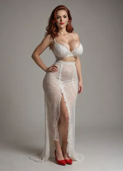 sexy tall slim thick, mature red head, huge fake round breasts, very tiny waist, pawg, wearing sexy red high heels, full body image