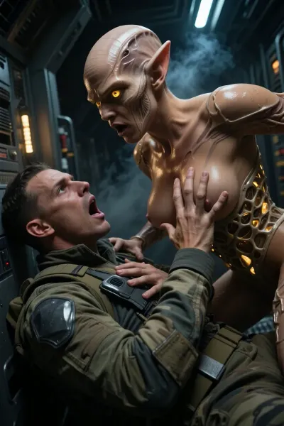 A photorealistic, cinematic scene inside a half-destroyed spaceship that has arrived from another galaxy. In a cramped metal corridor with emergency lighting and billowing steam, an energy vampire from another galaxy attacks a member of the Earthling research team.
The alien is a bald humanoid woman with prominent veins on her bald head, pointed ears, glowing bright-yellow eyes, and an aggressively open mouth. Her skin is glossy and damp, She wears a biomechanical suit with lattice-like structures and glowing orange implants, leaving her chest exposed. She looms over the man, her long-fingered hand with glossy skin rests firmly on his chest armor plate, sucking out his life energy.
The Earthling—a young man in an olive-green tactical uniform with an armored chest plate—lies on the floor, his head thrown back, his mouth wide open in a scream of pain, his expression one of shock and horror at the unexpected attack. Atmosphere, cold metal panels, flashing orange and white emergency lights, wisps of steam, dramatic three-dimensional lighting, strong contrast, a sense of danger and horror. Ultra-detailed rendering of skin, metal, the structures of the alien’s biomechanical armor, and facial expressions. Cinematic angle, tense dynamics, sci-fi horror, masterful quality.