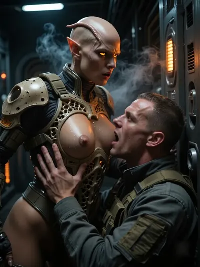 A photorealistic, cinematic scene inside a half-destroyed spaceship that has arrived from another galaxy. In a cramped metal corridor with emergency lighting and billowing steam, an energy vampire from another galaxy attacks a member of the Earthling research team.
The alien is a bald humanoid woman with prominent veins on her bald head, pointed ears, glowing bright-yellow eyes, and an aggressively open mouth. Her skin is glossy and damp, She wears a biomechanical suit with lattice-like structures and glowing orange implants, leaving her chest exposed. She looms over the man, her long-fingered hand with glossy skin rests firmly on his chest armor plate, sucking out his life energy.
The Earthling—a young man in an olive-green tactical uniform with an armored chest plate—lies on the floor, his head thrown back, his mouth wide open in a scream of pain, his expression one of shock and horror at the unexpected attack. Atmosphere, cold metal panels, flashing orange and white emergency lights, wisps of steam, dramatic three-dimensional lighting, strong contrast, a sense of danger and horror. Ultra-detailed rendering of skin, metal, the structures of the alien’s biomechanical armor, and facial expressions. Cinematic angle, tense dynamics, sci-fi horror, masterful quality.
