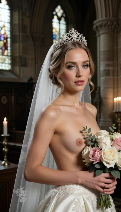 Shot with a high-end Leica Noctilux-M 85mm f/1.2 prime lens at wide-open aperture, hyperrealistic waist-up medium fine-art portrait capturing the bride from head down to her waistline, raw camera fidelity, unretouched natural skin texture displaying fine pores, subtle skin grain, soft vellus hairs, and delicate natural flush, dramatic romantic chiaroscuro lighting, masterwork composition, 8K resolution.

A breathtakingly beautiful bride on her wedding day, framed in a romantic waist-up fine-art nude portrait inside the sacred, serene atmosphere of a medieval Gothic cathedral. Her face, completely bare chest, exposed torso, and hands are illuminated by a radiant beam of soft, cinematic morning sunlight filtering through ancient stained glass windows.

Her facial anatomy and features are captured with flawless clarity, a perfectly balanced symmetrical oval face, high softly sculpted cheekbones touched by a gentle peach blush, luminous dew-kissed skin texture, and large almond-shaped hazel eyes framed by dark fluttery eyelashes. Her eyelids feature iridescent pearl eyeshadow with a satin finish, leading down to a fine straight nose and full, supple lips with dusty-pink satin lipstick emphasizing her delicate cupid's bow.

Her blond hair is styled into a soft, sophisticated low chignon with loose waves kissing her jawline. She wears a magnificent white gold tiara intricately wrought with filigree scrollwork and encrusted with brilliant-cut micro-diamonds and pearls, with a sheer Chantilly lace cathedral veil draped gracefully behind her back.

Fine-art composition and posing, she is completely topless on her upper body, wearing an opulent high-waisted haute couture bridal skirt crafted from rich ivory silk organza and embellished with delicate lace appliqués. She holds a lavish, hand-tied artisanal bouquet of white peonies, dusty-pink garden roses, and eucalyptus tilted gracefully across her chest, strategically concealing one breast with the lush floral petals while leaving her bare torso, collarbones, and the other natural breast completely exposed in elegant chiaroscuro shadows.

The background dissolves into a smooth, creamy bokeh showing the majestic carved stone pillars of the cathedral, glowing candlelight from flickering votive candles, and towering vaulted arches. Perfect color grading, high-contrast chiaroscuro, uncompromised raw photograph fidelity.