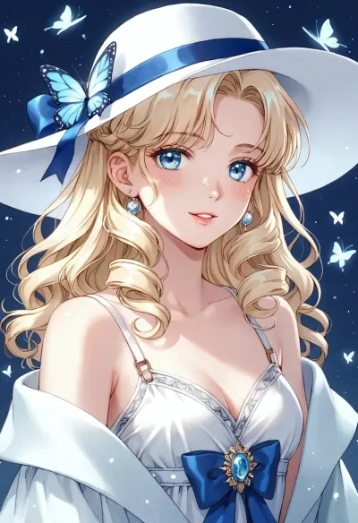score_9, score_8, score_7, rating_safe, 1990s shoujo manga style, <lora:1990s ShoujoManga Anime Style [XLlora]:.8>, 1girl, adult woman, elegant shoujo heroine, soft blonde wavy hair, long flowing curls, delicate blue eyes, rosy cheeks, fair skin, gentle blush, slender graceful body, soft feminine silhouette, white wide-brimmed hat with blue ribbon, large blue butterfly bow on the hat, delicate blue accents, gentle dreamy expression, soft closed-mouth smile, slightly parted lips, serene gaze, upper body portrait, head tilted slightly to the side, looking away from viewer, close-up, soft focus on face, elegant composition, sparkling night sky background, floating white butterflies, soft blue particles, dreamy atmosphere, soft diffused lighting, pastel glow, gentle rim light, soft shadows, highly detailed eyes, intricate hair strands, delicate fabric folds on hat, soft watercolor texture, classic 1990s shoujo aesthetic, pastel color palette, ethereal atmosphere