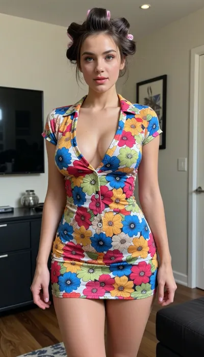 hyper realistic medium full shot framed from the knees upwards of a beautiful 27 year old housewife, more slender slim body with subtle natural curves, hair rollers in her hair, wearing a very tight colorful button-front mini dress with deep V neckline in bright vibrant floral colors, standing in a modern home interior, natural lighting, high detail, 8k