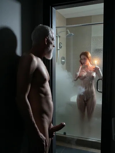Photorealistic cinematic Film Noir scene, 85 years old fat grandpa standing in absolute darkness in a hallway, short white hair and long white breard, naked, only faint glimmers of his red hair visible in shadow, he jerks off his penis, while, he gazes through a very narrow door crack into a bathroom filled with thick steam, the air dense and hazy, in the distance a 25 years old redhead woman behind a fogged glass shower door, water droplets detailed on glass, her sexy busty silhouette covered in foam, her hands shampooing her hair, candlelight flickers as the only illumination, water glistens on her skin, every surface damp and shadowy, the old man distant, the scene wrapped in mystery and tension, a film noir masterpiece full of darkness, distance, steam, and subtle intimacy.