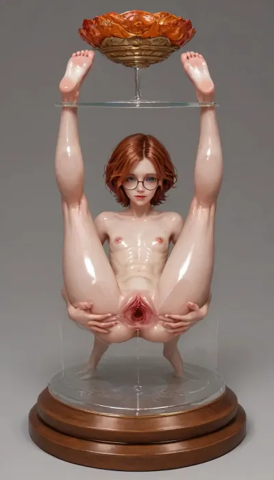 ((full body view, spreading legs, nude body, wide hips, (skinny:1.5), on my knees, (shiny skin:1.3), (belly bulge:1.1), ginger hair, glasses, (white skin:1.3), high quality fantasy art of a beautiful famboy made of transparent glass, glowing within, delicate figurine, adorable)), 20 year old girl, best quality, photorealism, masterpiece, chested, Ultra detailed RAW color photography, highly detailed, high level of detail, (skinny:1.5), small waist, small hips, tiny ass, round tits, ((perfect fingers, perfect hands, perfect skin)), ((hyper gaping pussy, hyper gaping vagina, maigre, musclé, seins visibles, pussy visibles, big clitoris visibles, seins nus, HDR pussy, hyper spread pussy, (doing standing gymnastics), , , hyper pussy juice dripping, focus pussy:1.2)), (perfect adult body proportions), Real, photorealistic, hi-detaild, 8k, pussy dripping, pussy dripping semen, (spread pussy:1.5), hi-detailed pussy, perfect pussy, <lora:detailed_notrigger:2>