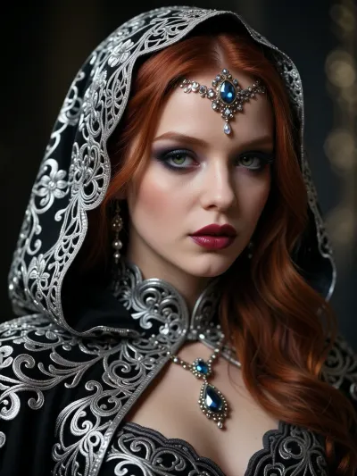 Cinematic portrait of a redhead woman wearing an ornate silver filigree hooded cloak, intricate lace patterns with floral motifs, elaborate jeweled headpiece with sapphire centerpiece and crystals on forehead, dramatic smoky eye makeup, long dark lashes, deep green eyes, glossy burgundy red lipstick, porcelain skin, elegant jewelry with teardrop gemstones, luxurious embroidered black and silver fabric with baroque patterns, soft dramatic lighting, shallow depth of field, professional photography, ultra detailed, photorealistic, 8k resolution, fantasy fashion editorial style, regal and mysterious atmosphere