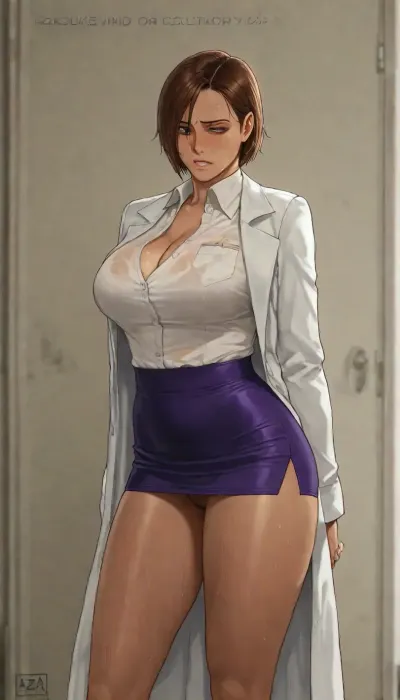 Lisa Hamilton from doa video game series, sweating, crying, wet body, scientist lab coat, purple thigh mini skirt, ultra detailed outfit, she's crying, tears, she's suffering, teeth clenched, she's terrified, high resolution, uncensored, hyper-detailed outfit, Oda non style and azasuke wind art style, oda_non art style and azasuke_wind art style, standing, side view, <lora:add-detail-xl:2>, <lora:shinkiro_XL_v2:2>, <lora:style61-a31-000015:2>