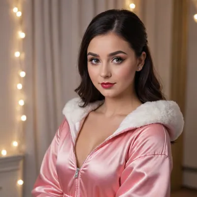 (The cutest and sweetest looking petite Canadian 20 year old:1.3), (cute satin winter outfit:1.3), (heavy makeup:1.3)