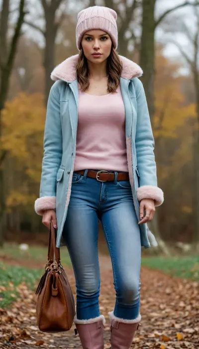 Lara Croft is wearing light blue jeans, a light pink sweater, and a sheepskin coat, she has a warm hat, a lovely handbag, and autumn boots—she is a very beautiful and elegant heroine.