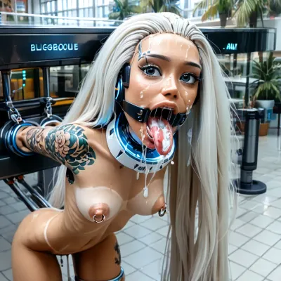 outdoors, (paradise island mall:1.3), ((high-angle view:1.4)), (under low bar table counter:1.5), (narrow innocent looking face:1.6), (light very white sci-fi bdsm machine:1.7), (young beautiful petite woman:1.7), (((woman is stuck up leaning forward in a shorizontal hole with bdsm light machine:1.6))), ((lower body totally restrained in horizontal machine:1.7)), ((head build-in behind under edge of the bar counter:1.6)), (arms behind in machine:1.7), (stuck from small horizontal rim machine:1.6), ((electronic mouth spreader ring gag:1.7)), (very wide open mouth:1.6), ((model cutie:1.8)), (perfect:1.5), (slender fit skinny:1.6), (small thin waist:1.3), (tattooed wide shoulders:1.4), (clear narrow perfect dark eyes:1.6), (perfect lips), ((very long wide smooth light white tongue out down:1.7)), ((round tongue's end:1.6)), (cum flows out from mouth:1.7), (cum on face:1.3), (light massive very oversized electronic collar device around very short throat:1.6), (dark smooth silky long hair:1.5), (firm perky implanted medium breasts:1.5), (her boobs is spread apart:1.6), (tan fair very oiled skin:1.6), (very beautiful perfect face:1.7), thin beautiful eyebrows, (very gorgeous:1.5), (sexy:1.4), (nipple ring piercings:1.4), (satisfied:1.6), (tattoo:1.3), (seductive sexy makeup:1.5), (long black eyelashes:1.4), lipstick, (stunning:1.3), (dimples on cheeks:1.4), (paradise island:1.3), (palm trees:1.2), (bright day:1.5), (masterpiece:1.1), <lora:skinny11:.5>, <lora:Microwaist_XL_v01:1.5>