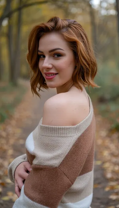 Candid snapshot of a self-conscious mid-twenties woman posing shyly as she stands along an idyllic autumn forest path with her hand on her hip.

She wears a stylish sweater, in neutral earthy-tones, slipping off one shoulder.

Her thick bobcut hair is styled in voluminous textured layers with a sultry copper-auburn hair color in a chic swept-back look.

Cheeks flushed as she blushes prettily, her luscious soft lips quirked in a sheepish lopsided grin revealing her adorable overbite, side-eye glance as she looks away bashfully. The photo is an amateur showcase of a handsome girl-next-door esthetic creating non-conventional beauty and charm. Natural skin complexion and hair texture in an unprocessed RAW photo.