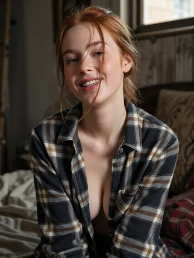 Moody natural-light intimate snapshot of a self-conscious 25yo hipster woman posing awkwardly in her comfy rustic apartment bedroom. She wears an unbuttoned long-sleeve flannel shirt revealing vague hints of her deep soft cleavage. Soft redhead hair in a casual center-part style. Posing bashfully and blushing prettily with bright rosy cheeks, her luscious soft lips quirked in a sheepish lopsided grin revealing her adorable overbite, sly side-eye glance as she looks away, tilting her head slightly and causing stray strands of tousled hair to fall across her face. The photo is an amateur showcase of a handsome woman-next-door esthetic creating non-conventional beauty and charm. Natural pale skin complexion and hair texture.