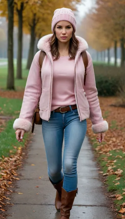 Lara Croft is wearing light blue jeans, a light pink sweater, and a sheepskin coat, she has a warm hat, a lovely handbag, and autumn boots—she is a very beautiful and elegant heroine.