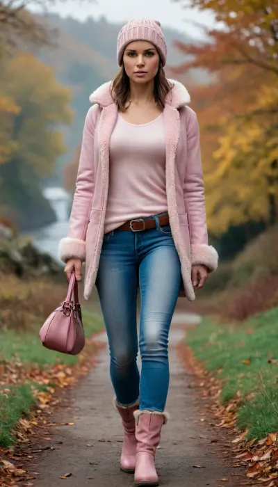 Lara Croft is wearing light blue jeans, a light pink sweater, and a sheepskin coat, she has a warm hat, a lovely handbag, and autumn boots—she is a very beautiful and elegant heroine.