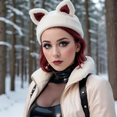 (The cutest and sweetest looking petite Canadian 20 year old:1.3), (cute latex winter outfit:1.3), (heavy makeup:1.3)
