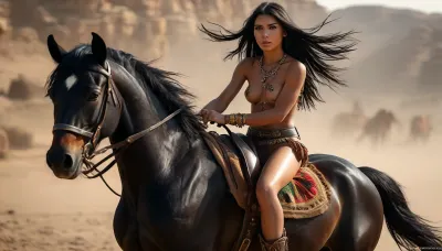 ((reiq style:1.4)), ((Ultimate realistic, cinematic photo, 8k, ultra detailed, masterpiece)), (((4/4 body shot))), ((Wild West Art, Wild West setting)), (((highly colorful Ultra realistic shot, 8k, realistic picture of a slightly nude beautiful american native princess, 22years old Lana Ratschuk as lakota warrior princess with small bell shaped breasts, 1 eagle feather in her hair, wearing only loincloth, topless, beautiful athletic body and beautiful slender long legs, mounted riding on a powerful wild racing black stallion, raven black))), ((horse has typical native war-paintings:1.6)), ((raven black horse:1.8)), ((in her raised hand an old spencer-carbine:1.6)), Long black hair, athletic figur, small waist, small tight ass, small tight hips, abs, (hard round ass), slender long legs, beautiful sexy and athletic girl, ultra perfect eyes, ultra detailed eyes, perfect face, fresh face, brown colored eyes, detailed face, detailed hair, detailed body, detailed skin, detailed breasts, high definition, perfect artificial lighting, ultimate realism, ((dynamic action shot)), ((side view)), ((far distance view)), (((focus on feet:1.8))), rich warm tones, dynamic composition, at full gallop, wind and dust visible, dusty, in the American Wild West, masterpiece, perfect horse anatomy, High, Resolution, More, Details, 8K, but, <lora:MJ52:.8>, <lora:add-detail-xl:1>, <lora:BUT_SDXL_SHS:1.4>