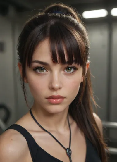 photorealistic, highly detailed, sysdeep_eve, solo, long_hair, looking_at_viewer, black_hair, brown_eyes, ponytail, parted_lips, teeth, blunt_bangs, side_ponytail, lips, science_fiction, realistic, cable, wire, <lora:Eve - [Stellar Blade] - SDXL Version 1:.8>, <lora:StelBldEveXL:.8>
