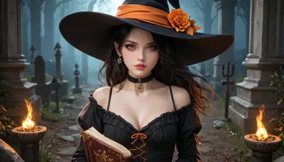 Beathtakingly beautiful adult female elf witch, kneeling beside an ancient gravestone in a mysterious abandoned Gothic cemetery at midnight. Cinematic medium close-up, three-quarter view, showing her elegant upper body, beautiful face, hands.

A beautiful young woman, approximately 20 years old, pale skin, warm amber-brown eyes, full lips, soft feminine facial features, long dark black hair with layered framing strands and windswept volume. She wears a witch dress and witch hat. A black choker circles her neck, and two ornate silver talismans hang from delicate chains across her chest. Her expression is calm, intelligent, mysterious, and slightly intimidating. Subtle visible cleavage. Cinematic dark fantasy aesthetic, realistic proportions, highly detailed skin, natural facial features, realistic eyes, subtle makeup.

She is holding a book, on the graveyard are punpkins varved as lanterns.