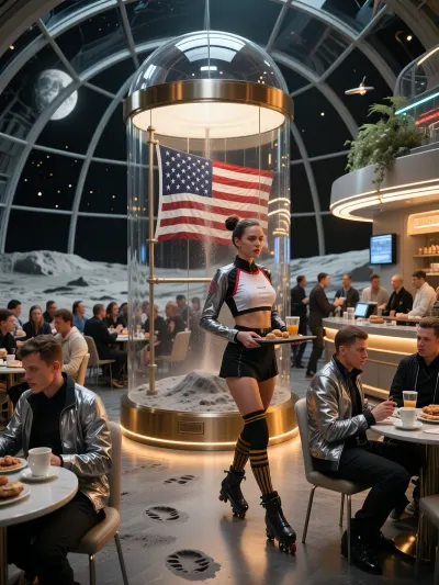 Masterpiece ultra photorealistic cinematic science fiction photography, exceptional optical clarity, dramatic cinematic lighting, immaculate microcontrast, natural film grain, physically accurate reflections, rich amber highlights, deep charcoal shadows, sophisticated silver and bronze color grading, a magnificent futuristic lunar café beneath an immense transparent pressurized glass dome, in the clear foreground at the exact center stands an extraordinary cylindrical museum enclosure made of flawless transparent glass and brushed titanium, immediately recognizable inside it the historic American flag planted by Apollo 11 astronauts, its stars and stripes prominently displayed, slightly weathered, slightly dusty, held outward by its original horizontal support rod, surrounded by an untouched island of gray lunar soil, sharply preserved astronaut bootprints crossing the fine powder, distinct tread patterns illuminated by low museum lights, the enclosure rising from a circular golden metal base with a small understated plaque, this priceless relic dominating the composition while the patrons completely ignore it, absorbed in ordinary social routines, a bustling everyday gathering place filled with dozens of customers enjoying coffee, pastries and lively conversations, elegant visitors wearing futuristic metallic jackets, sleek black technical fabrics, polished boots and discreet illuminated accessories, in foreground a waitresses on rollerblades, highres, very detailed, amazing quality, masterpiece, very aesthetic, particle effect, LunaWF, tan skin, red eyes, cute face, twin buns, asymetrical bangs, sidelocks, blushing, slutty, confident, flirty smile, crop top, sports jersey, miniskirt, thigh socks, stripped socks, upskirt, booty, choker, looking back at viewer, walking away, holding tray of drinks, pussy, gaping pussy, anus, gaping anus, crowded, tvs, sports, sports bar, neon lights, people chatting across gleaming round tables, servers navigating crowded aisles, baristas working behind a radiant curved counter, luminous floating menus and delicate suspended greenery adding warmth to the advanced architecture, guests sipping steaming coffee from futuristic ceramic cups, others laughing, reading translucent screens and gesturing casually, meticulous facial detail and believable candid body language, reflections of people and ceiling lights flowing across the exhibit glass without hiding the flag, sweeping curved structural ribs overhead with continuous warm light strips, polished stone floors mirroring figures and glowing edges, outside the dome a silent lunar wilderness with rugged craters, pale mountains, distant habitation complexes and tiny hovering transport craft, in background the Earth suspended against a pure black starless sky, subtle atmospheric depth inside, authentic lunar dust and nuanced textiles, profound history treated as ordinary background scenery, epic cinematic realism with believable everyday life.