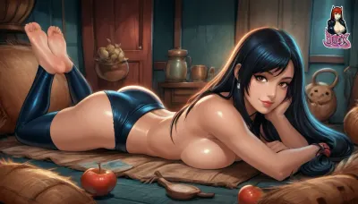 (reiq style:1.5), (tifa lockhart, (young), (petite:1.5), underwear), solo, sexy smile, laying on stomach, back arched, (large breasts:1.5), cleavage, feet crossed