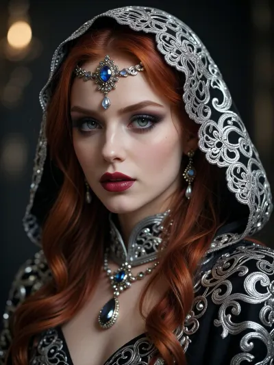 Cinematic portrait of a redhead woman wearing an ornate silver filigree hooded cloak, intricate lace patterns with floral motifs, elaborate jeweled headpiece with sapphire centerpiece and crystals on forehead, dramatic smoky eye makeup, long dark lashes, deep green eyes, glossy burgundy red lipstick, porcelain skin, elegant jewelry with teardrop gemstones, luxurious embroidered black and silver fabric with baroque patterns, soft dramatic lighting, shallow depth of field, professional photography, ultra detailed, photorealistic, 8k resolution, fantasy fashion editorial style, regal and mysterious atmosphere