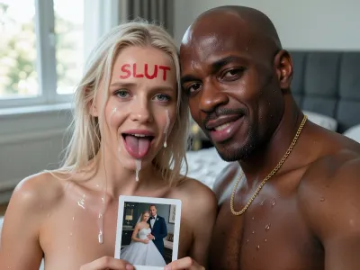 interracial couple, white woman and black man, (white russian woman 35yo, maure:1.1), realistic face, wet hair, facial, sperm on face and lips and on the foreheadsand neck, thick white sperm, (ruined makeup:1.2), a tired smile, a confused, Shows his tongue, She holds her wedding photo with a white husband in her hands., There is an inscription in red lipstick on her forehead "SLUT", A black brute african man 56yo with bald head, gold chain, after sex, satisfaction, Beads of sweat on his face, (a smug smile of superiority:1.7), (sweaty body:1.5), sweaty face, A casual, authentic front-facing smartphone selfie of a person, taken with an iPhone front camera. Natural slight wide-angle perspective and subtle arm's length composition. Authentic indoor lighting near a window, soft natural daylight illuminating the face, realistic hair, slight realistic skin texture with natural pores, no heavy airbrushing or studio filters. Candid expression, naked, slightly blurred background, (bokeh effect), of a cozy modern bedroom. Realistic color grading, high detail, 8k resolution, (photorealistic snapshot style --ar 9:16), --style raw --v 6.0