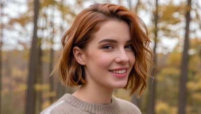 Closeup candid snapshot of a self-conscious mid-twenties woman posing shyly overlooking idyllic autumn forest panorama.

She wears a stylish sweater in neutral earthy-tones.

Her bobcut hair is styled in voluminous textured layers with a sultry copper-auburn hair color in a tousled swept-back look.

Cheeks flushed as she blushes prettily in the cool air, her luscious soft lips quirked in a sheepish lopsided grin revealing her adorable overbite, side-eye glance as she looks away bashfully. The photo is an amateur showcase of a handsome girl-next-door esthetic creating non-conventional beauty and charm. Natural skin complexion and hair texture in an unprocessed RAW photo.