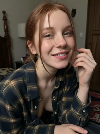 Moody natural-light intimate snapshot of a self-conscious 25yo hipster woman posing awkwardly in her comfy rustic apartment bedroom. She wears an unbuttoned long-sleeve flannel shirt revealing vague hints of her deep soft cleavage. Soft redhead hair in a casual center-part style. Posing bashfully and blushing prettily with bright rosy cheeks, her luscious soft lips quirked in a sheepish lopsided grin revealing her adorable overbite, sly side-eye glance as she looks away, tilting her head slightly and causing stray strands of tousled hair to fall across her face. The photo is an amateur showcase of a handsome woman-next-door esthetic creating non-conventional beauty and charm. Natural pale skin complexion and hair texture.